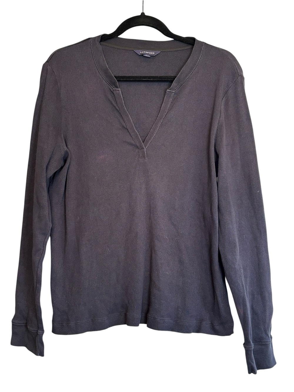 Lands’ End Ribbed Split Neck Long Sleeve Top Size Large 14–16 Navy 100% Cotton